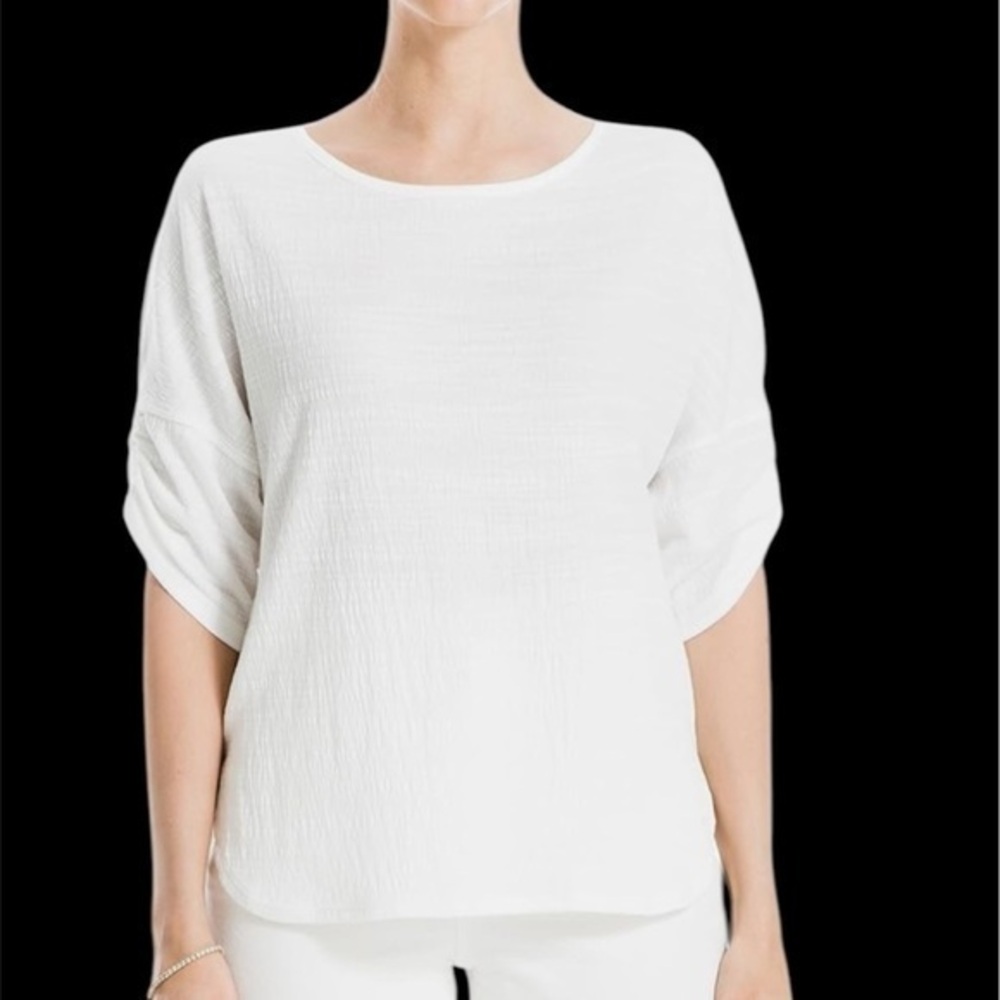 Max Studio White Crinkle Jersey Drop Shoulder Cinched Short Sleeve Blous…